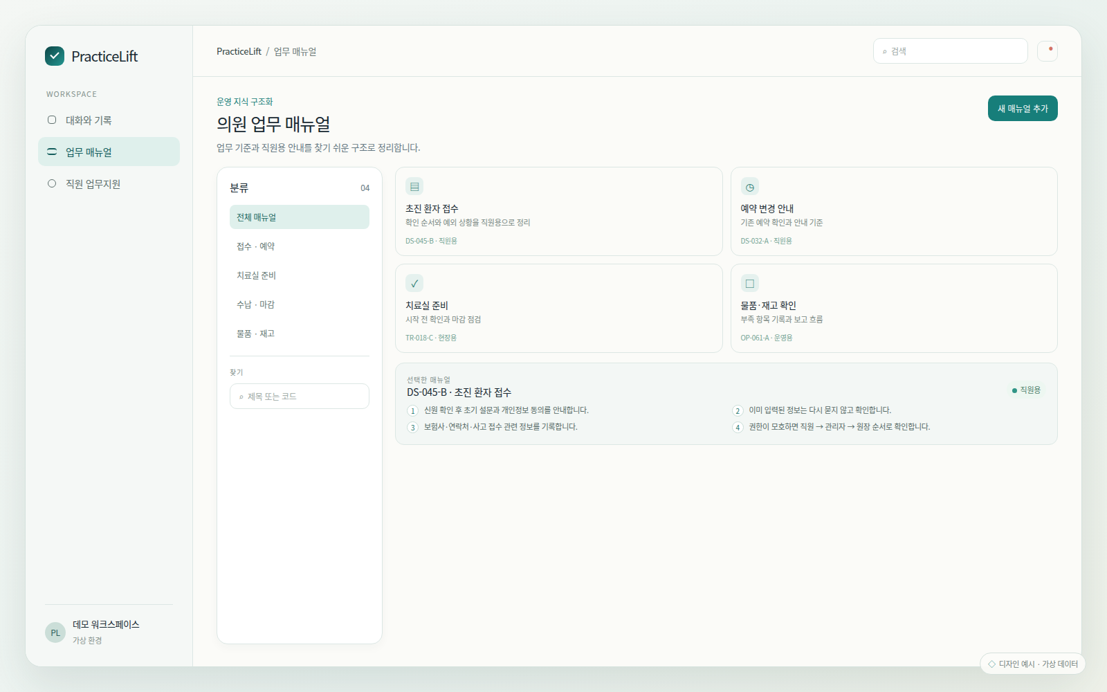 업무 분류와 가상 초진 접수 체크리스트를 보여 주는 의원 운영 매뉴얼 라이브러리 디자인 예시.