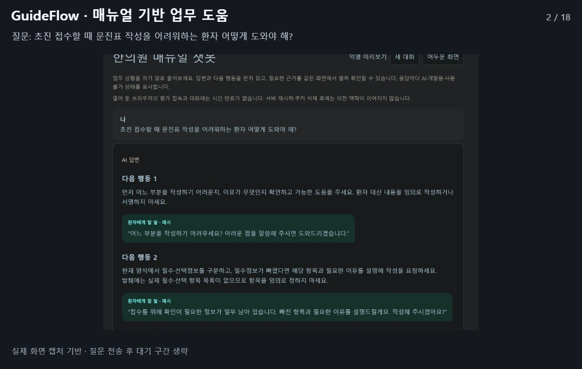 GuideFlow · 매뉴얼 기반 직원 업무 도우미 · 실제 화면 캡처 시연